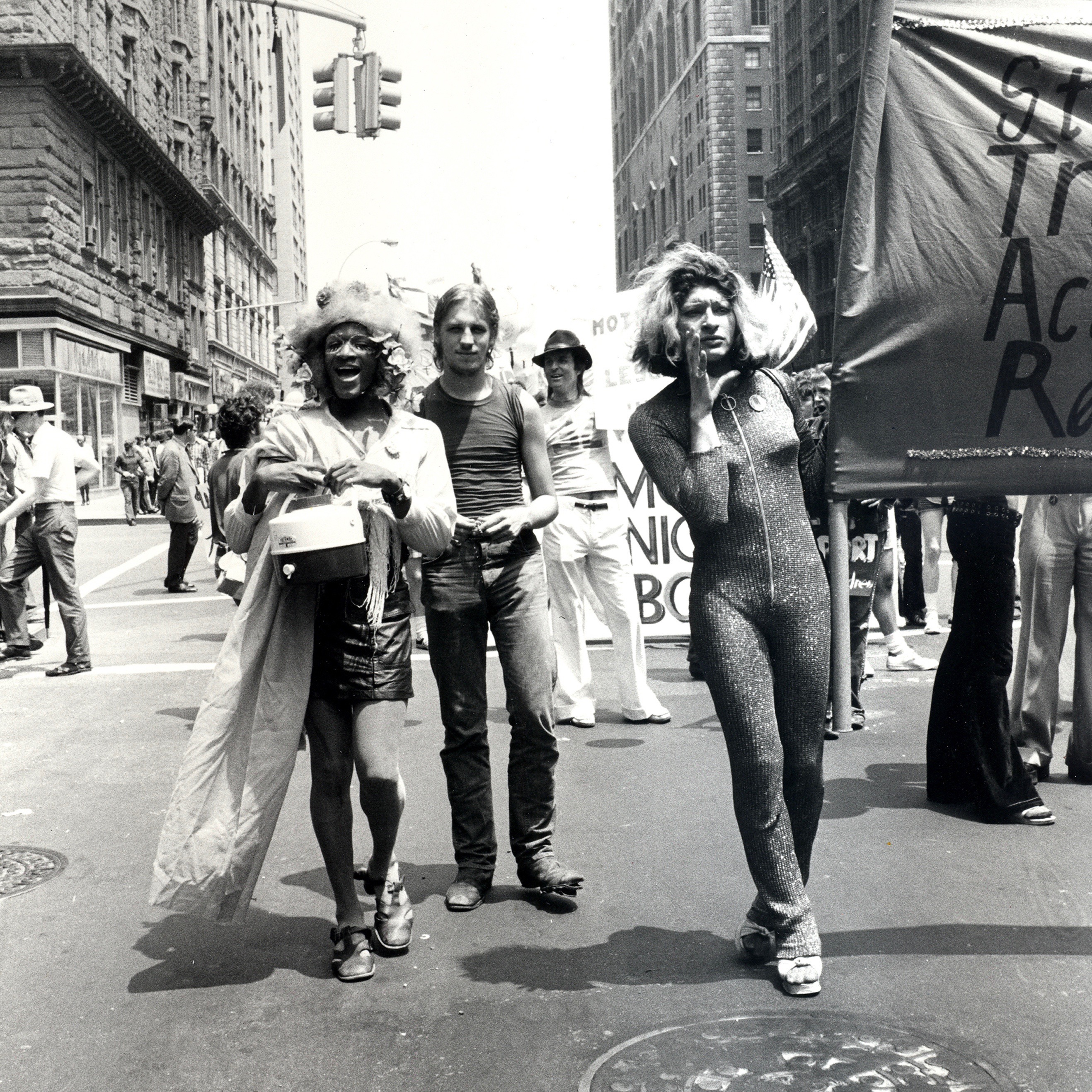 Marsha P. Johnson (left) and Sylvia Rivera (right), co-founders of the Street Transvestite Action Revolutionaries (STAR) at the Christopher Street Liberation Day Gay Pride Parade, New York City, June 24, 1973. Credit: Leonard Fink, courtesy LGBT Community Center National History Archive.